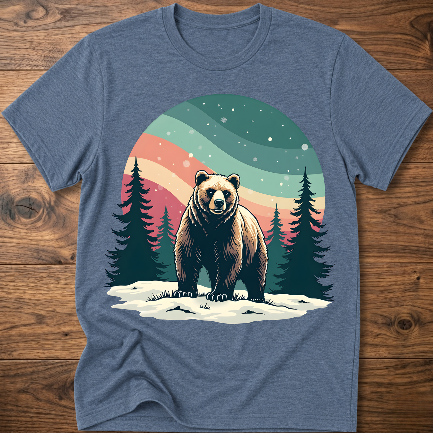 Vintage bear t-shirt in blue-gray with colorful forest moon graphic