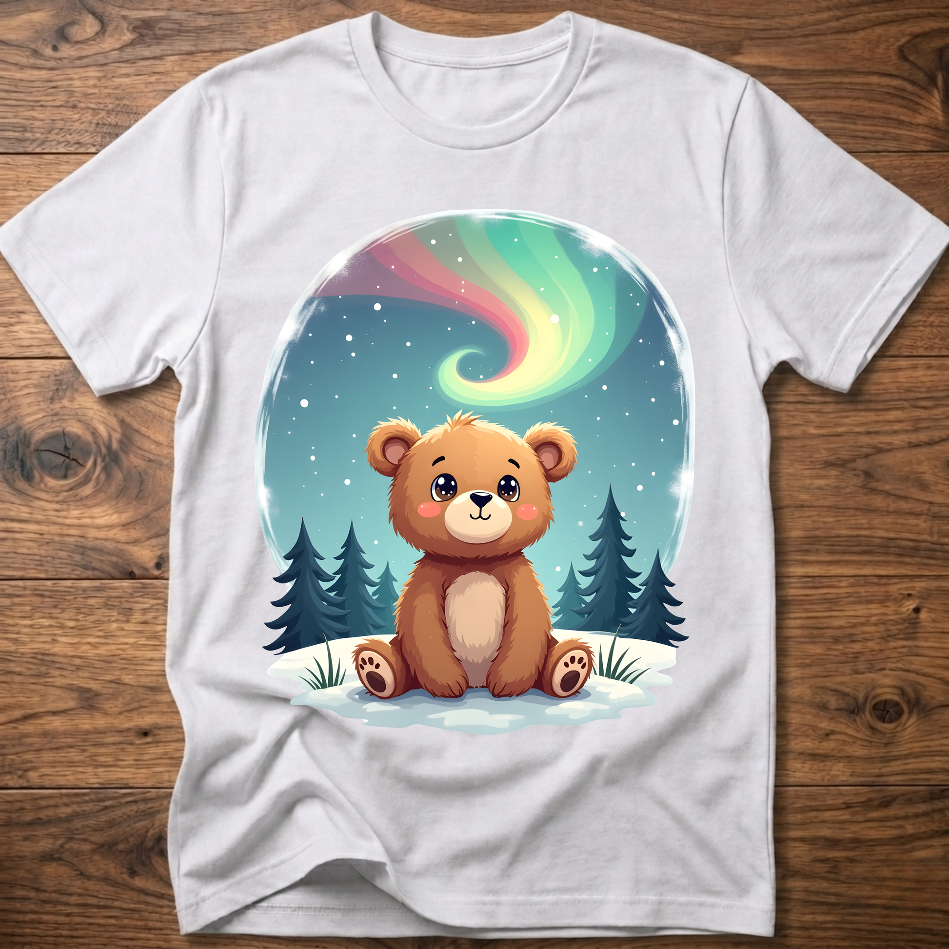 White kids teddy bear graphic t-shirt with aurora sky and pine trees front print