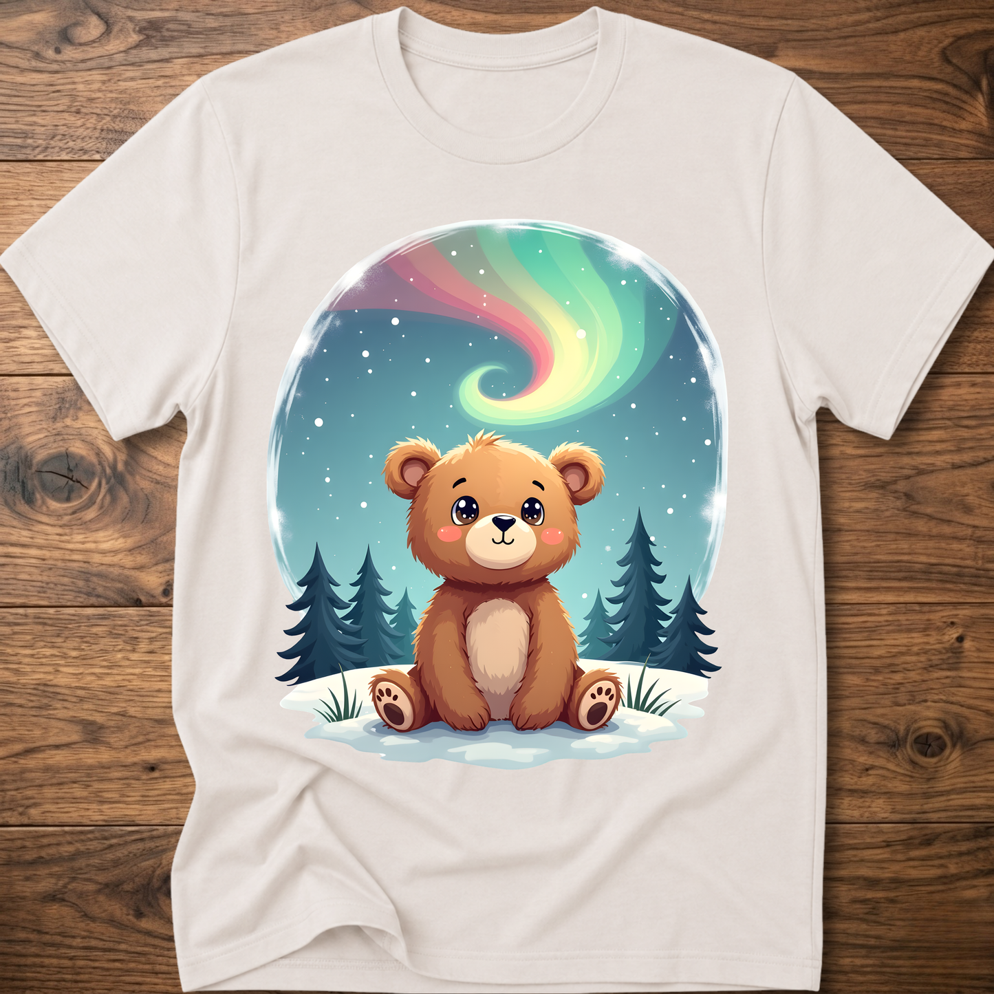White kids teddy bear graphic t-shirt with aurora sky and pine trees front print