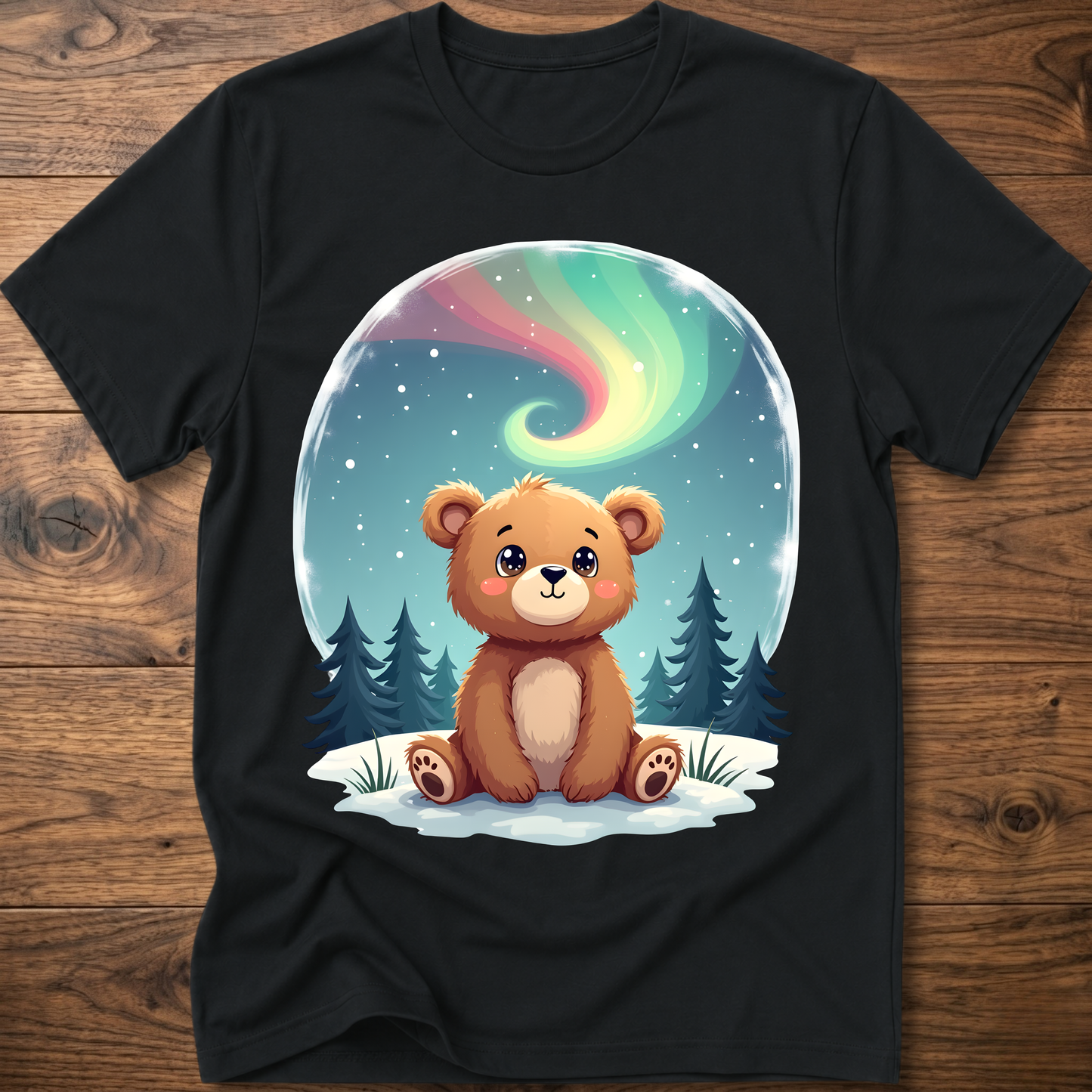 Black kids teddy bear graphic t-shirt with aurora sky and pine trees front print