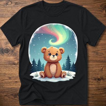 Black kids teddy bear graphic t-shirt with aurora sky and pine trees front print
