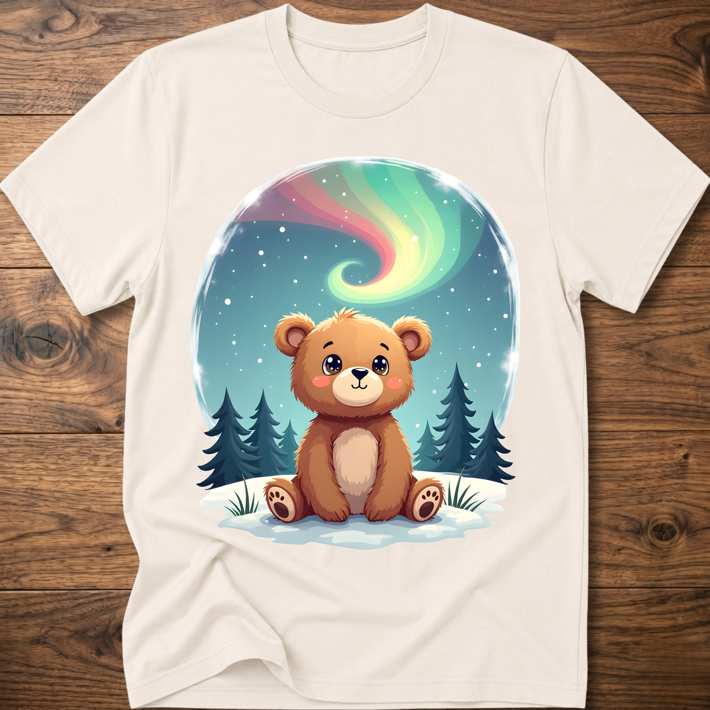 Cream kids teddy bear graphic t-shirt with aurora sky and pine trees front print