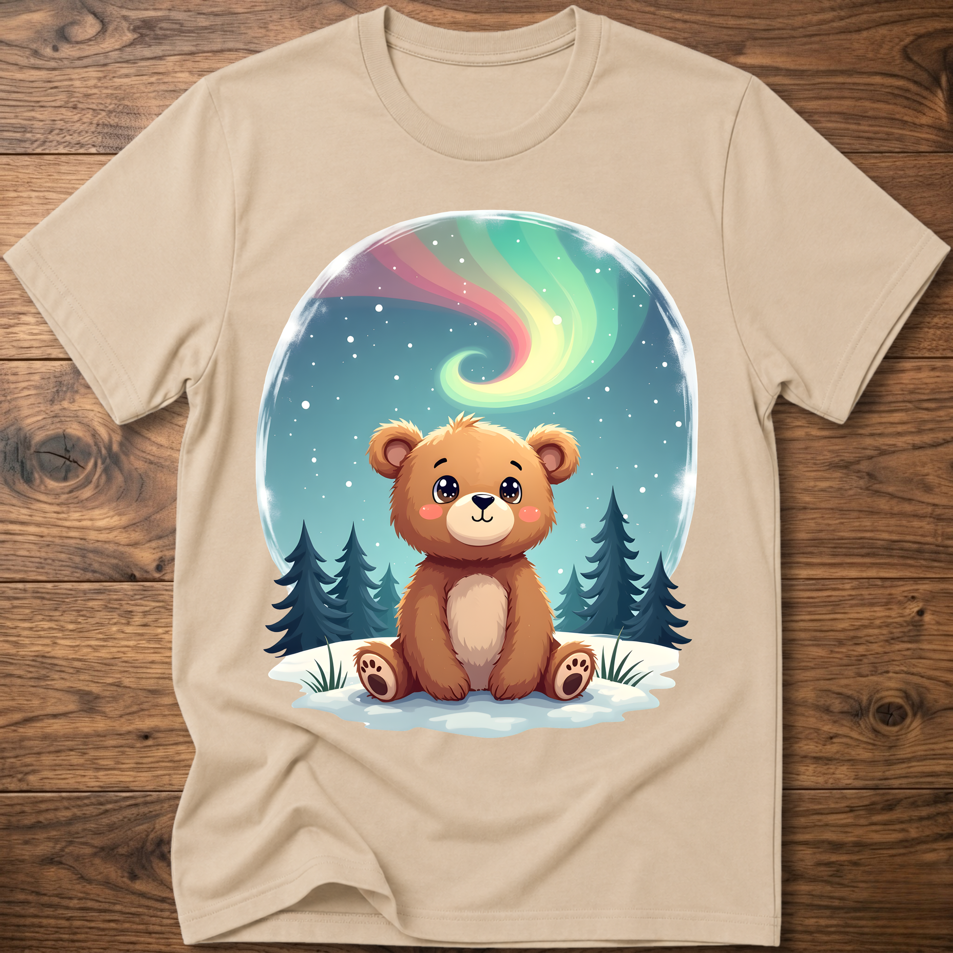 Natural kids teddy bear graphic t-shirt with aurora sky and pine trees front print