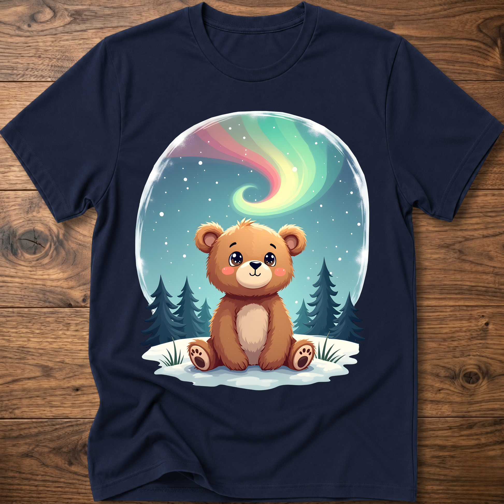 Navy kids teddy bear graphic t-shirt with aurora sky and pine trees front print