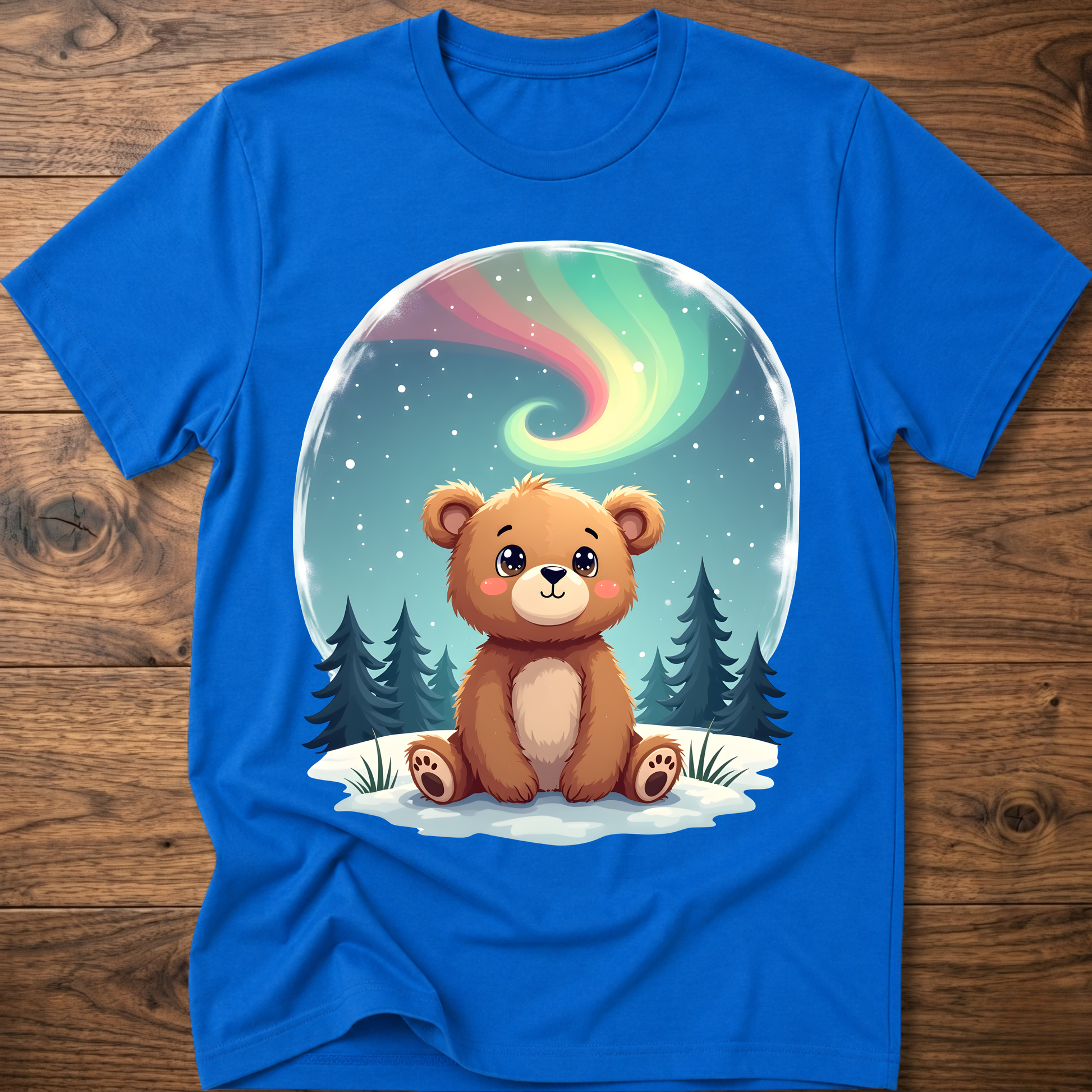Royal blue kids teddy bear graphic t-shirt with aurora sky and pine trees front print
