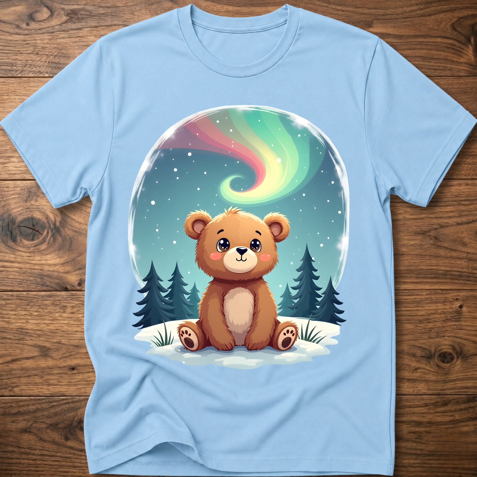 Light blue kids teddy bear graphic t-shirt with aurora sky and pine trees front print