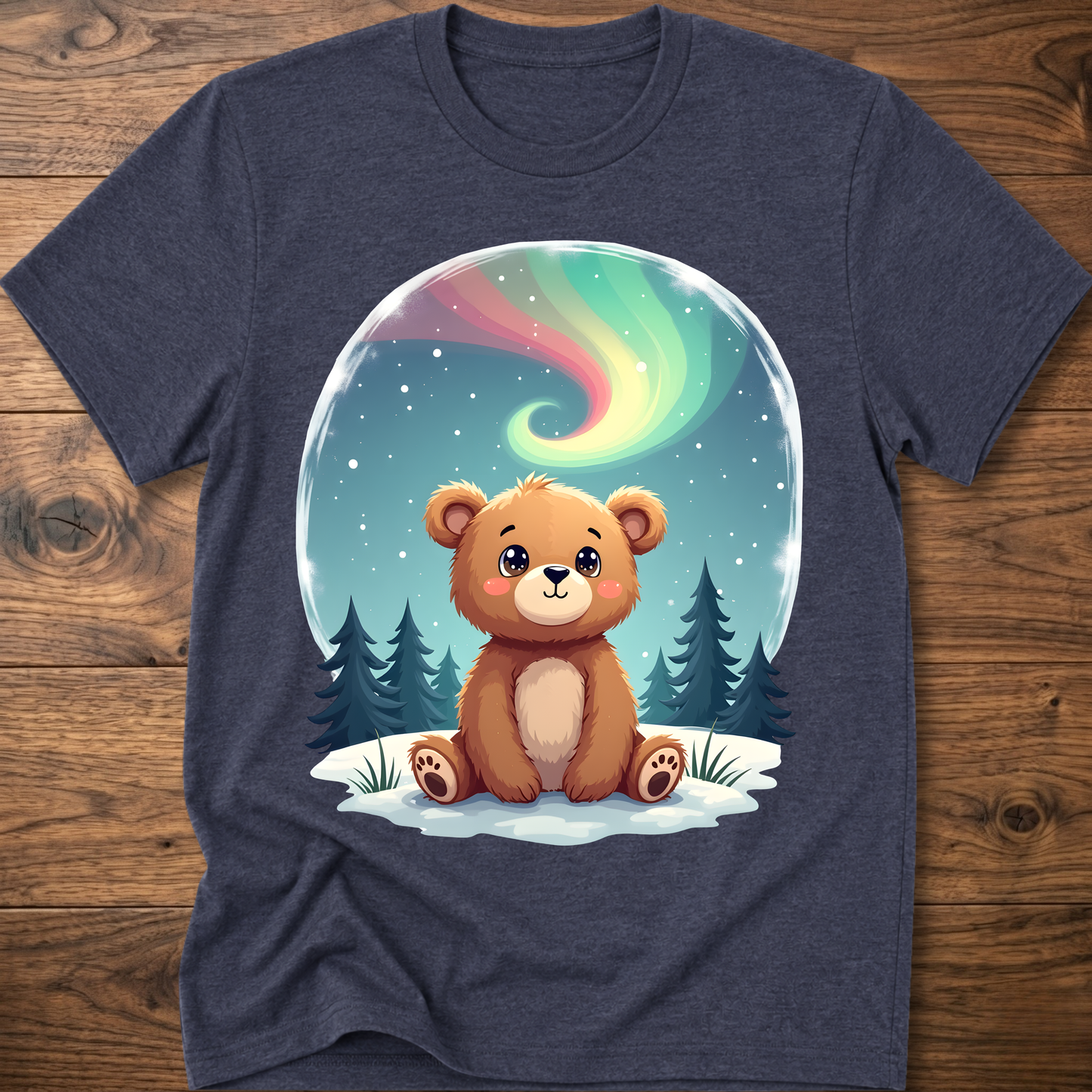 Heather charcoal kids teddy bear graphic t-shirt with aurora sky and pine trees front print