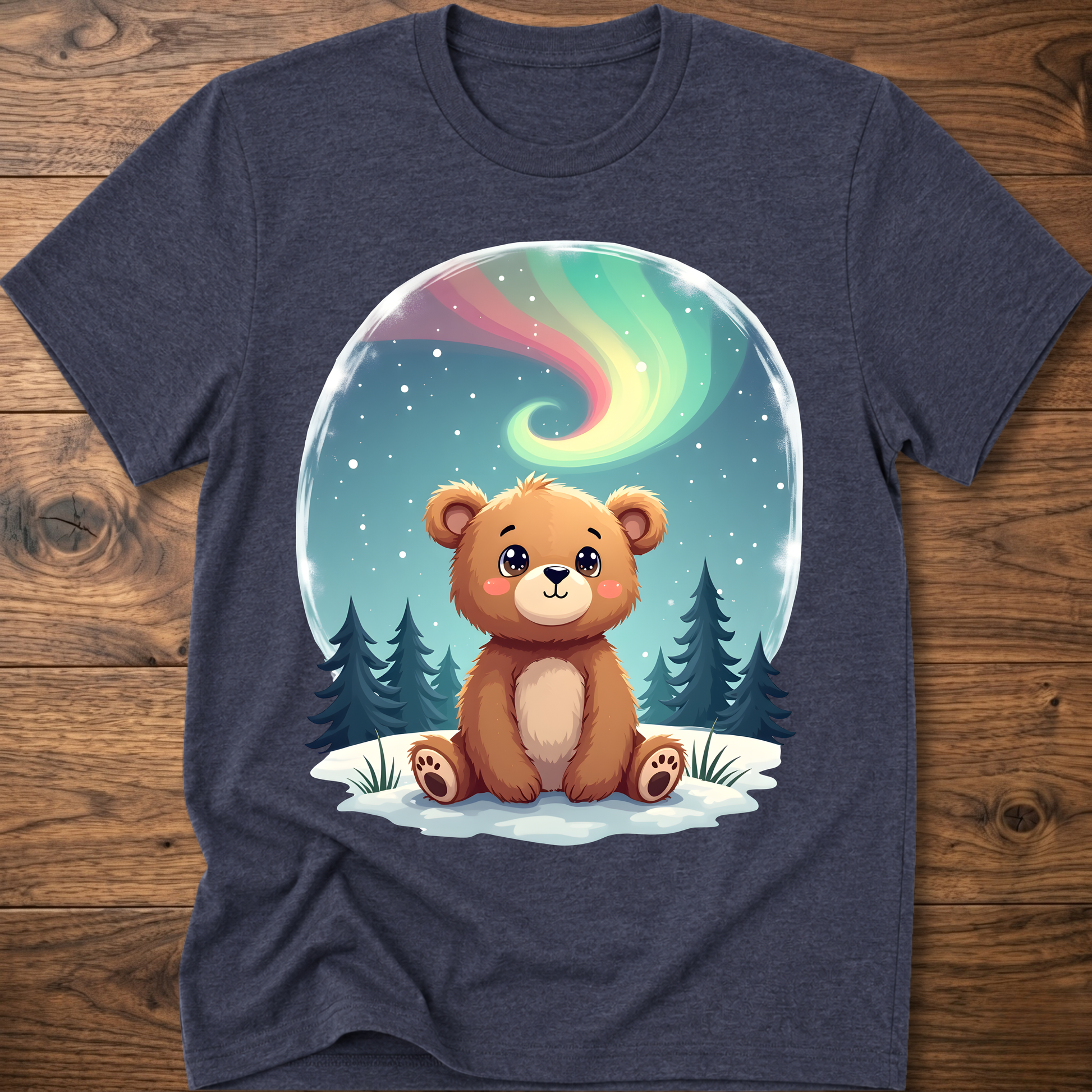 Heather charcoal kids teddy bear graphic t-shirt with aurora sky and pine trees front print