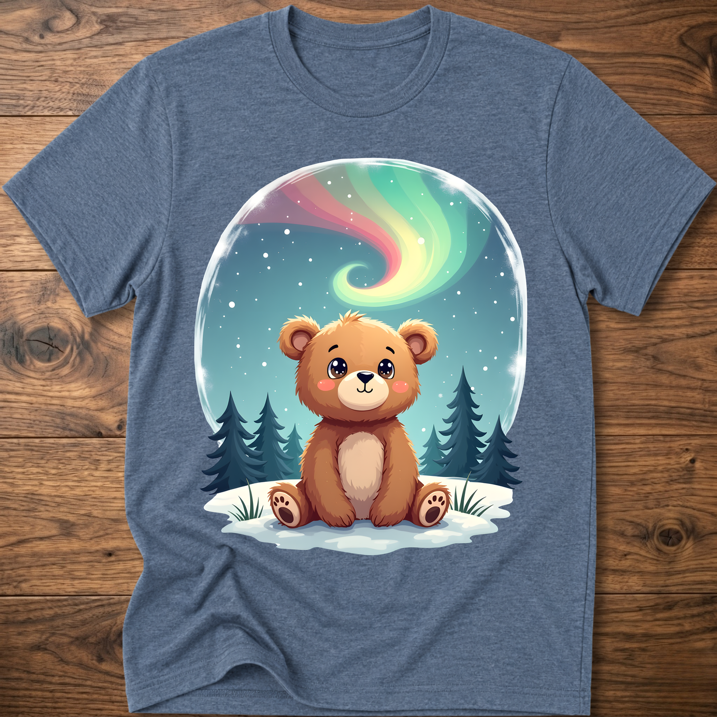 Heather blue kids teddy bear graphic t-shirt with aurora sky and pine trees front print