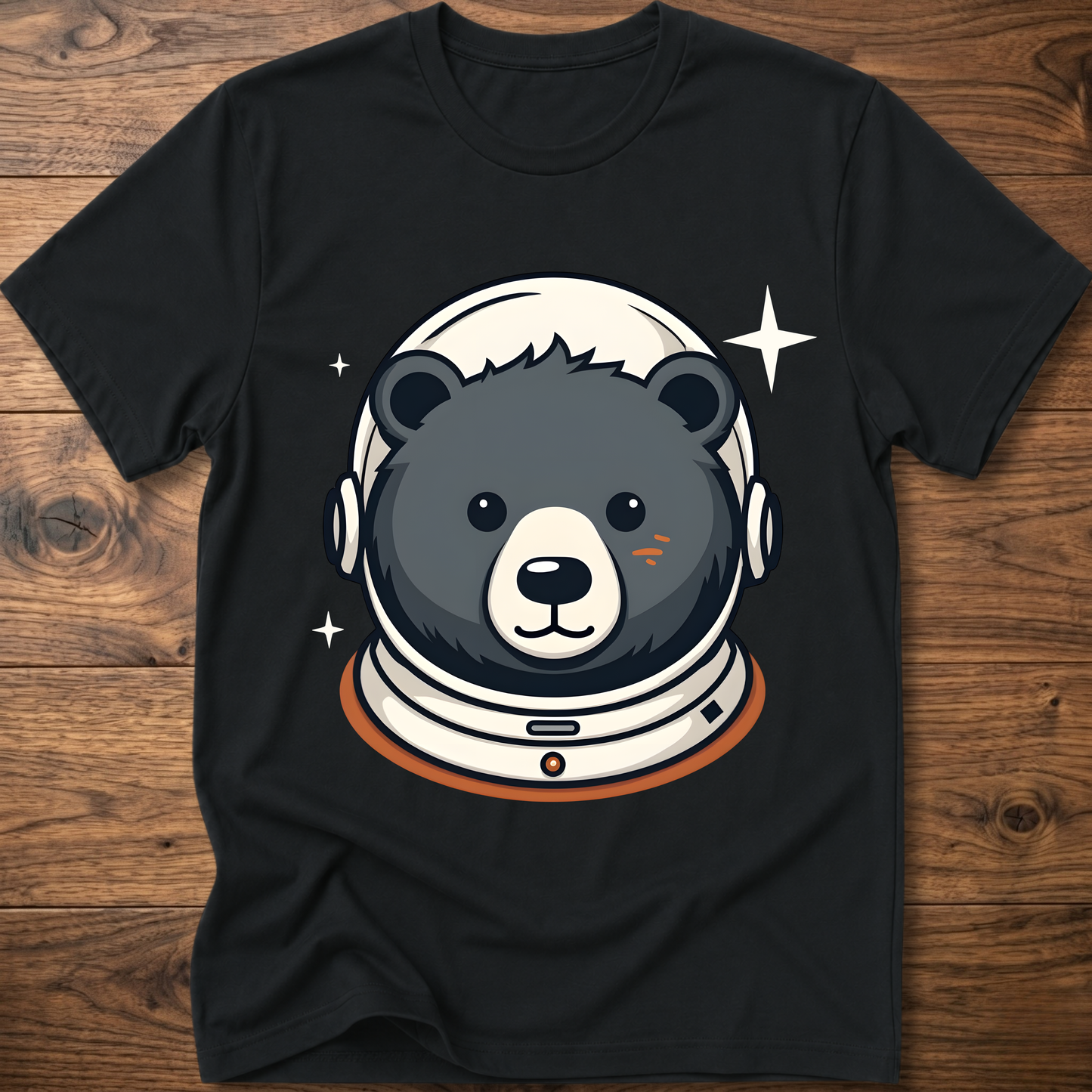 Black T-shirt with astronaut teddy bear face graphic wearing a helmet