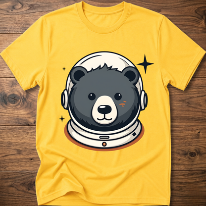 Yellow T-shirt with astronaut teddy bear graphic wearing a space helmet