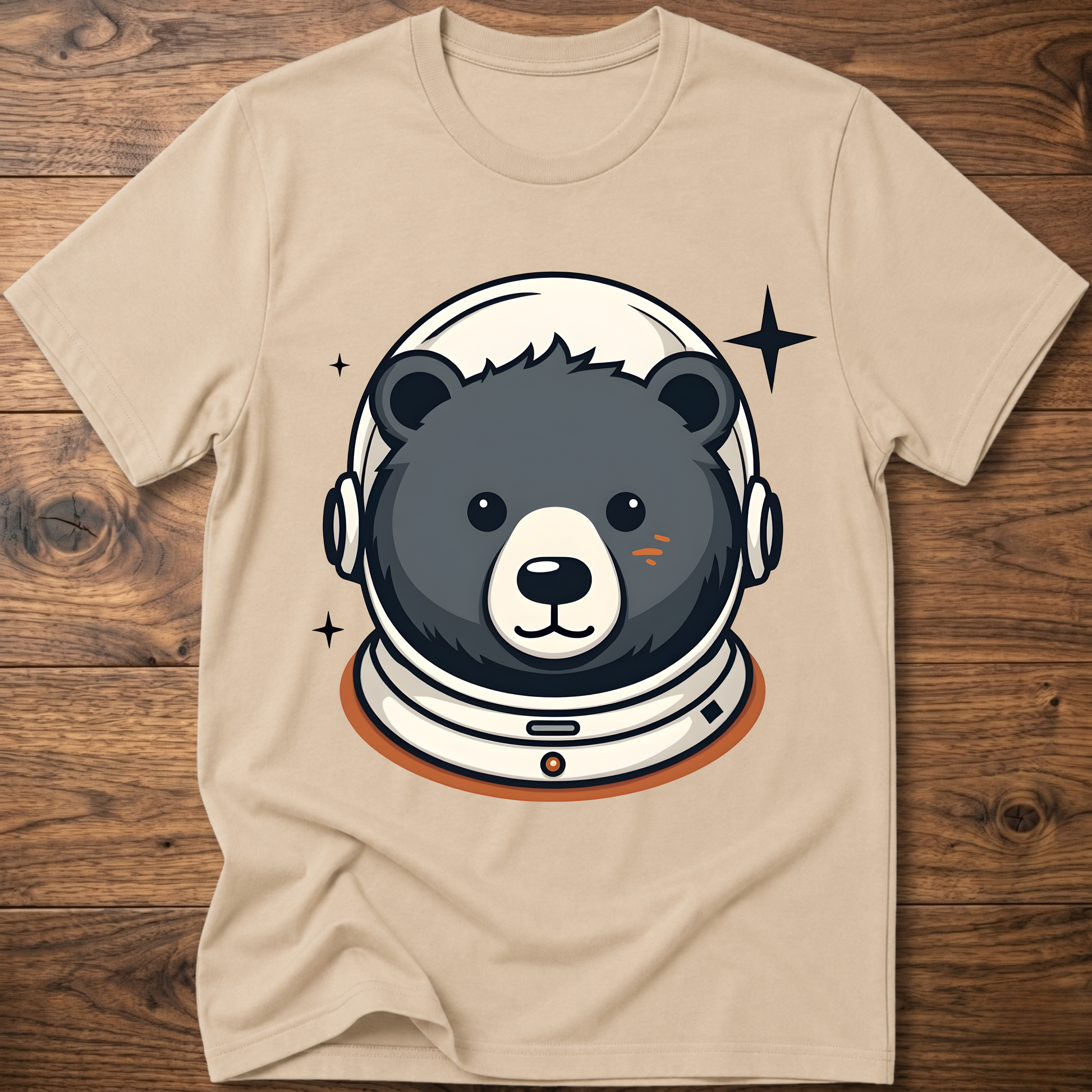 Beige T-shirt with astronaut teddy bear graphic in a space helmet