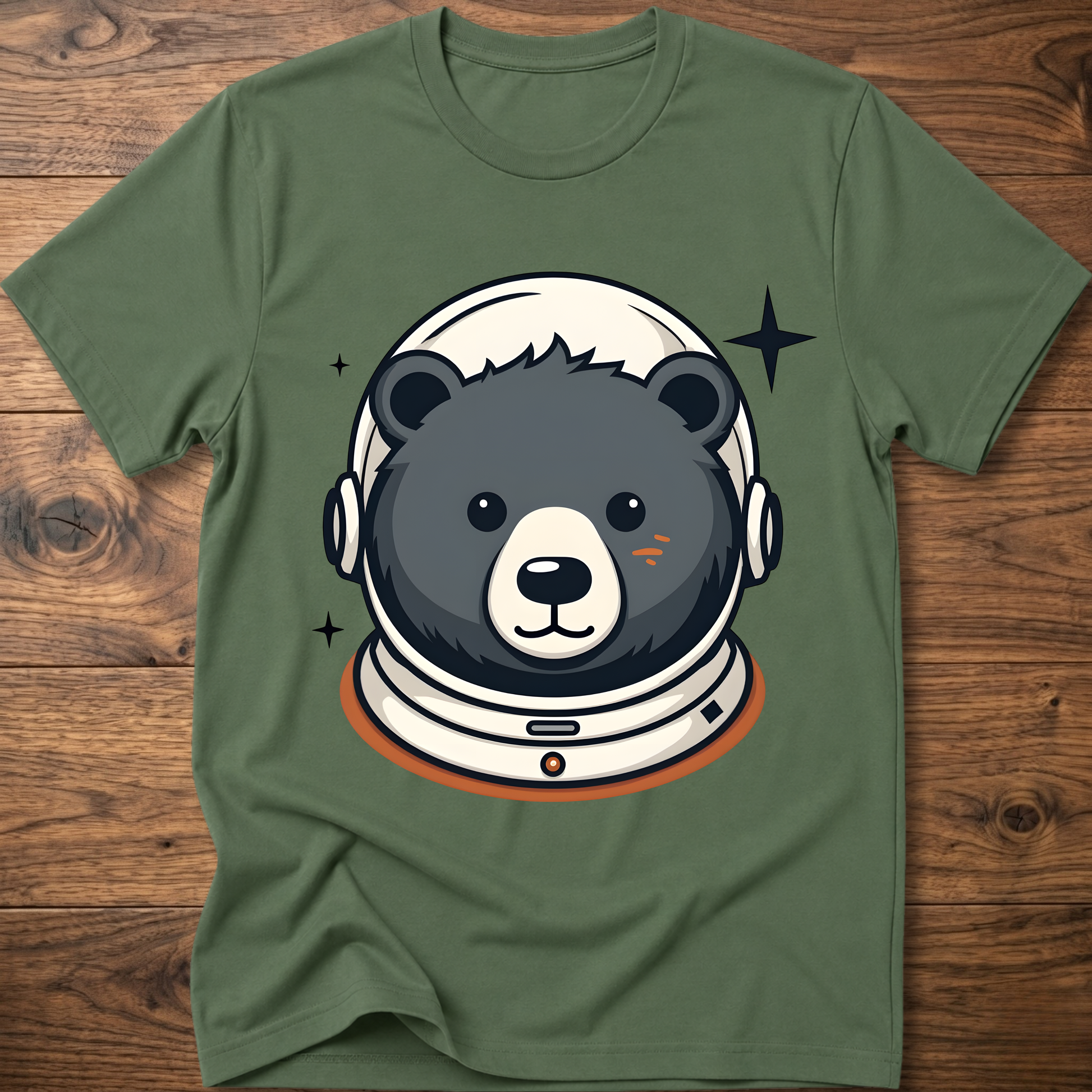 Green T-shirt with astronaut teddy bear face graphic and space helmet