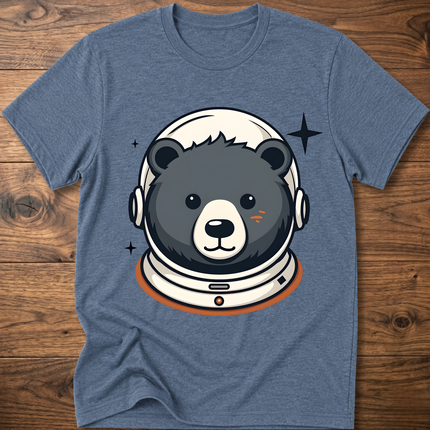 Blue T-shirt with astronaut teddy bear head graphic in a helmet