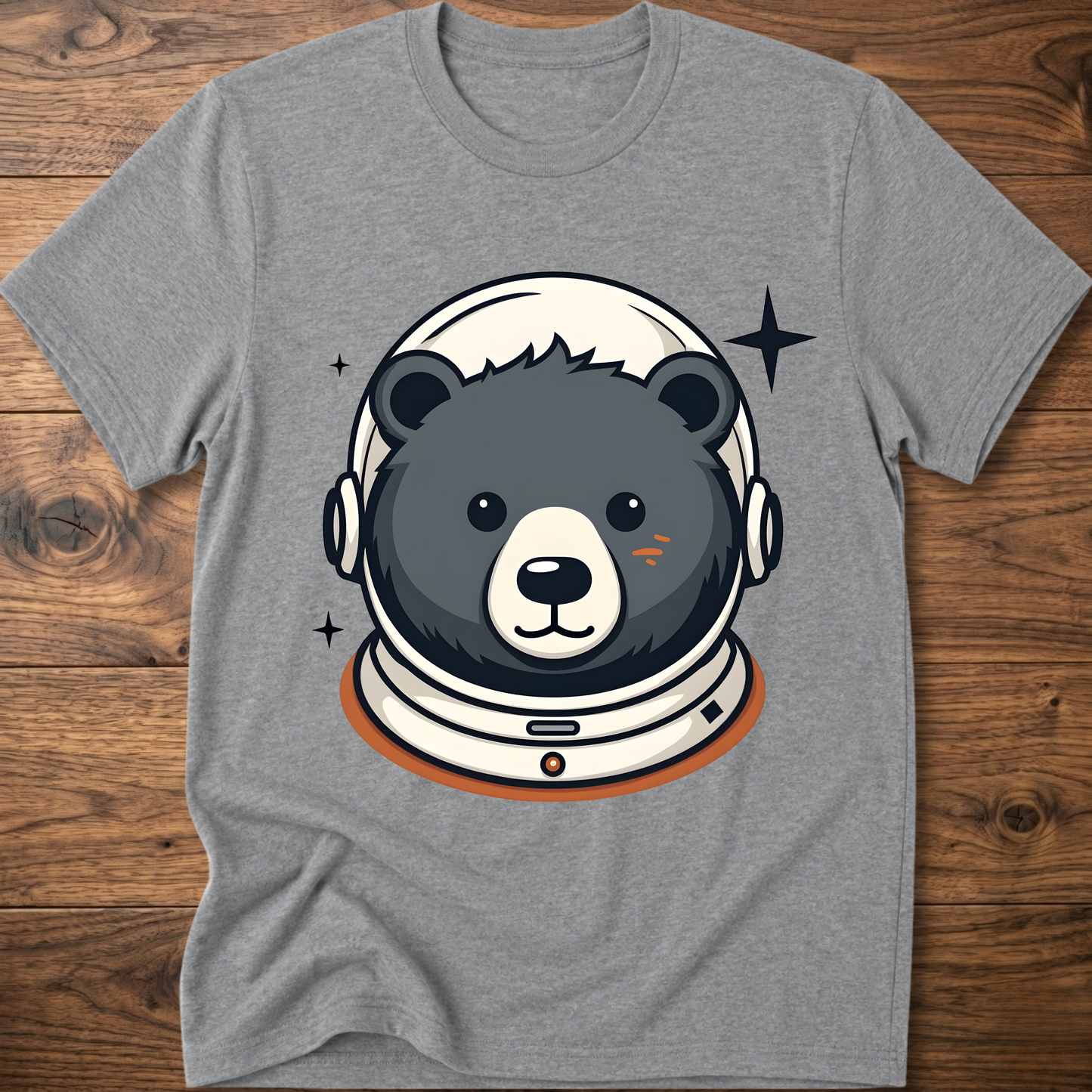 Gray T-shirt featuring an astronaut teddy bear head with space helmet