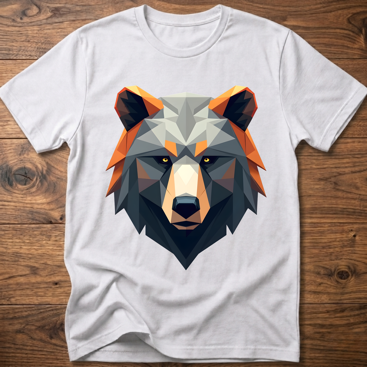 White geometric bear graphic t-shirt with colorful low-poly bear head front print