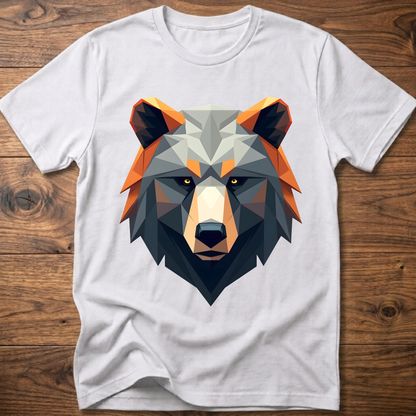 White geometric bear graphic t-shirt with colorful low-poly bear head front print