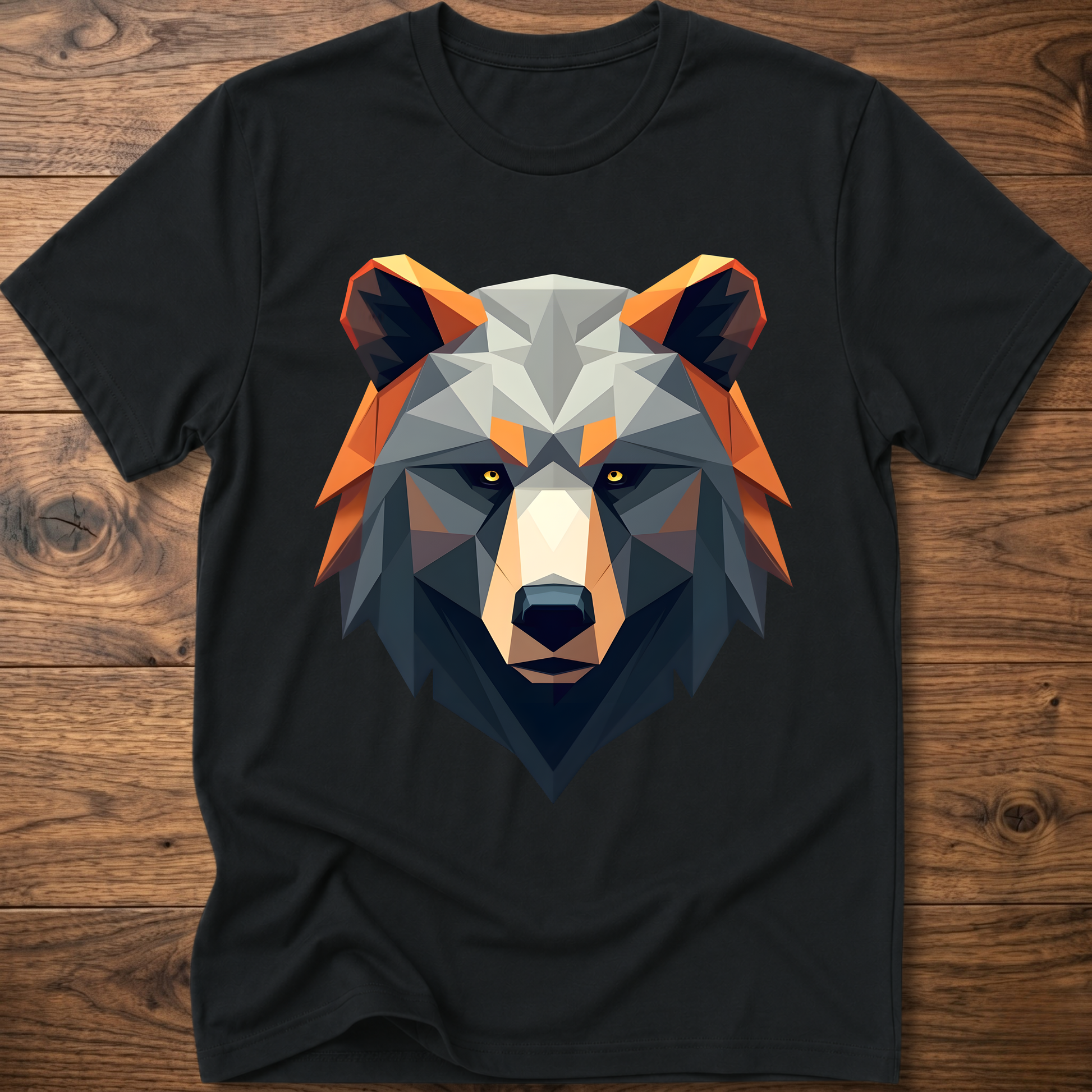 Black geometric bear graphic t-shirt with colorful low-poly bear head front print