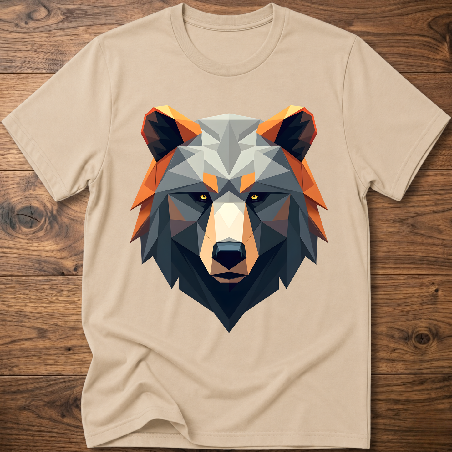 Sand geometric bear graphic t-shirt with colorful low-poly bear head front print