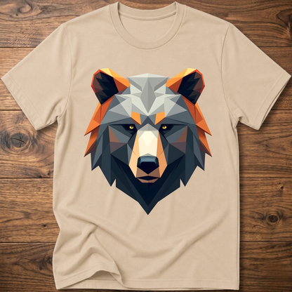 Sand geometric bear graphic t-shirt with colorful low-poly bear head front print