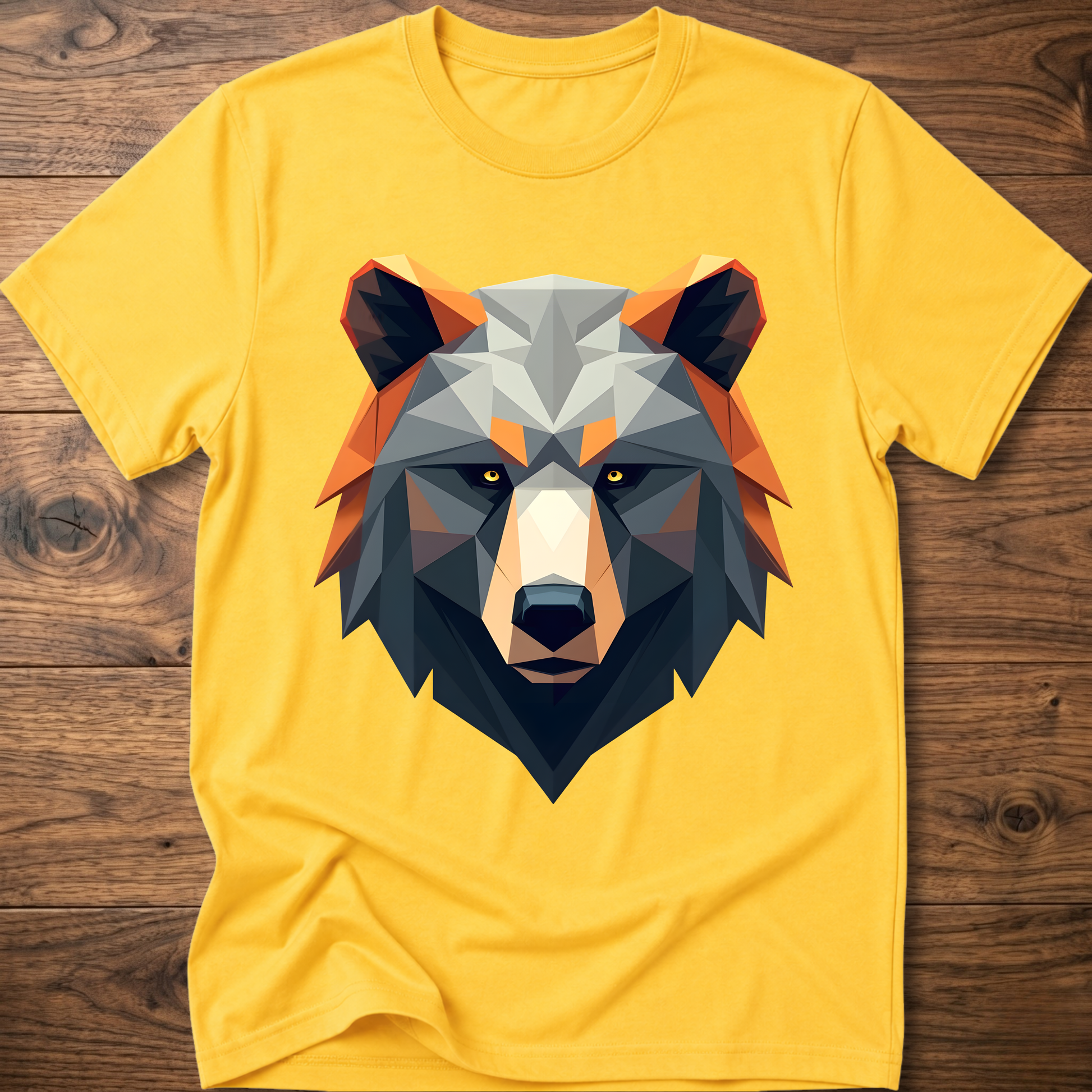 Yellow geometric bear graphic t-shirt with colorful low-poly bear head front print
