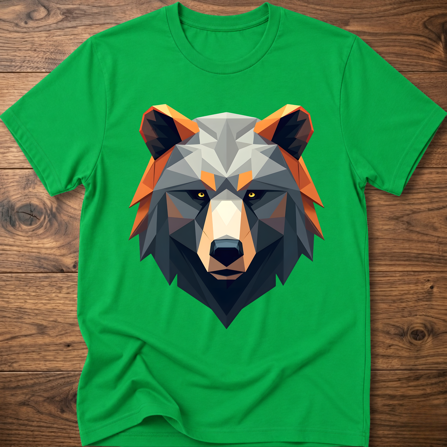 Green geometric bear graphic t-shirt with colorful low-poly bear head front print