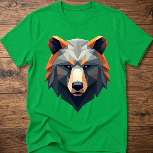 Green geometric bear graphic t-shirt with colorful low-poly bear head front print