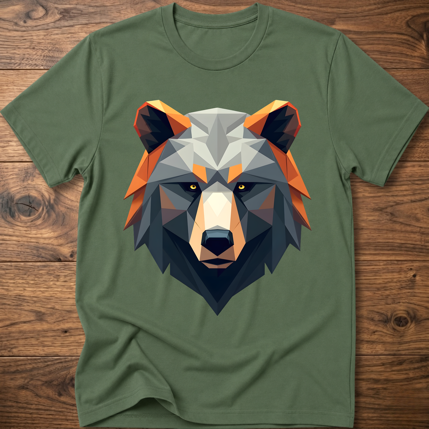 Military green geometric bear graphic t-shirt with colorful low-poly bear head front print