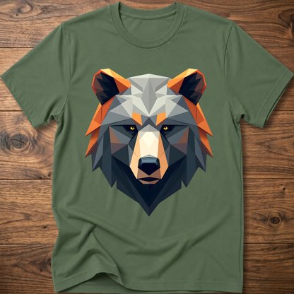 Military green geometric bear graphic t-shirt with colorful low-poly bear head front print
