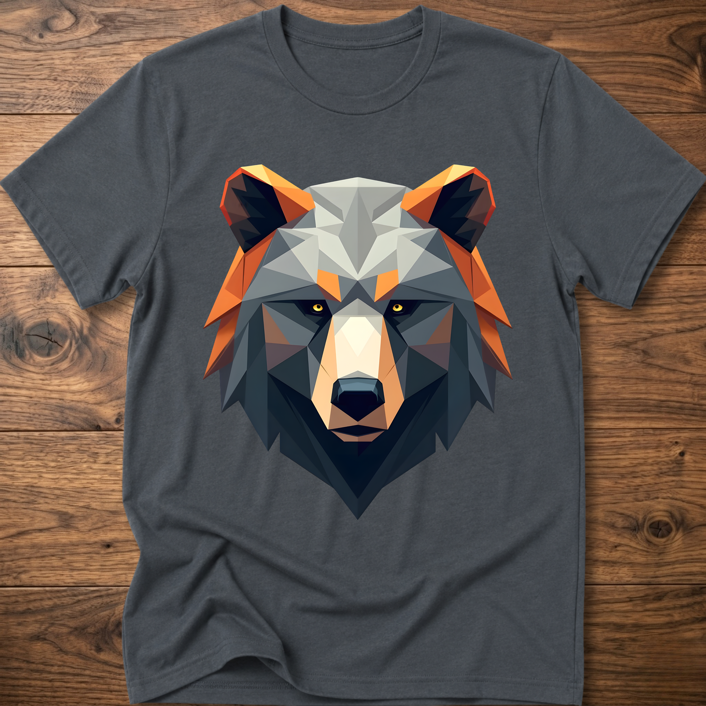 Dark heather gray geometric bear graphic t-shirt with colorful low-poly bear head front print