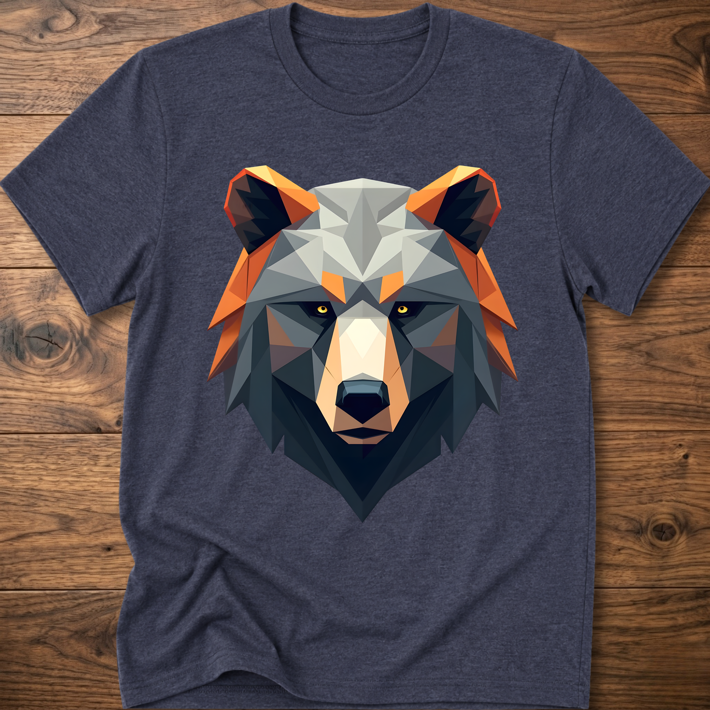 Heather navy geometric bear graphic t-shirt with colorful low-poly bear head front print