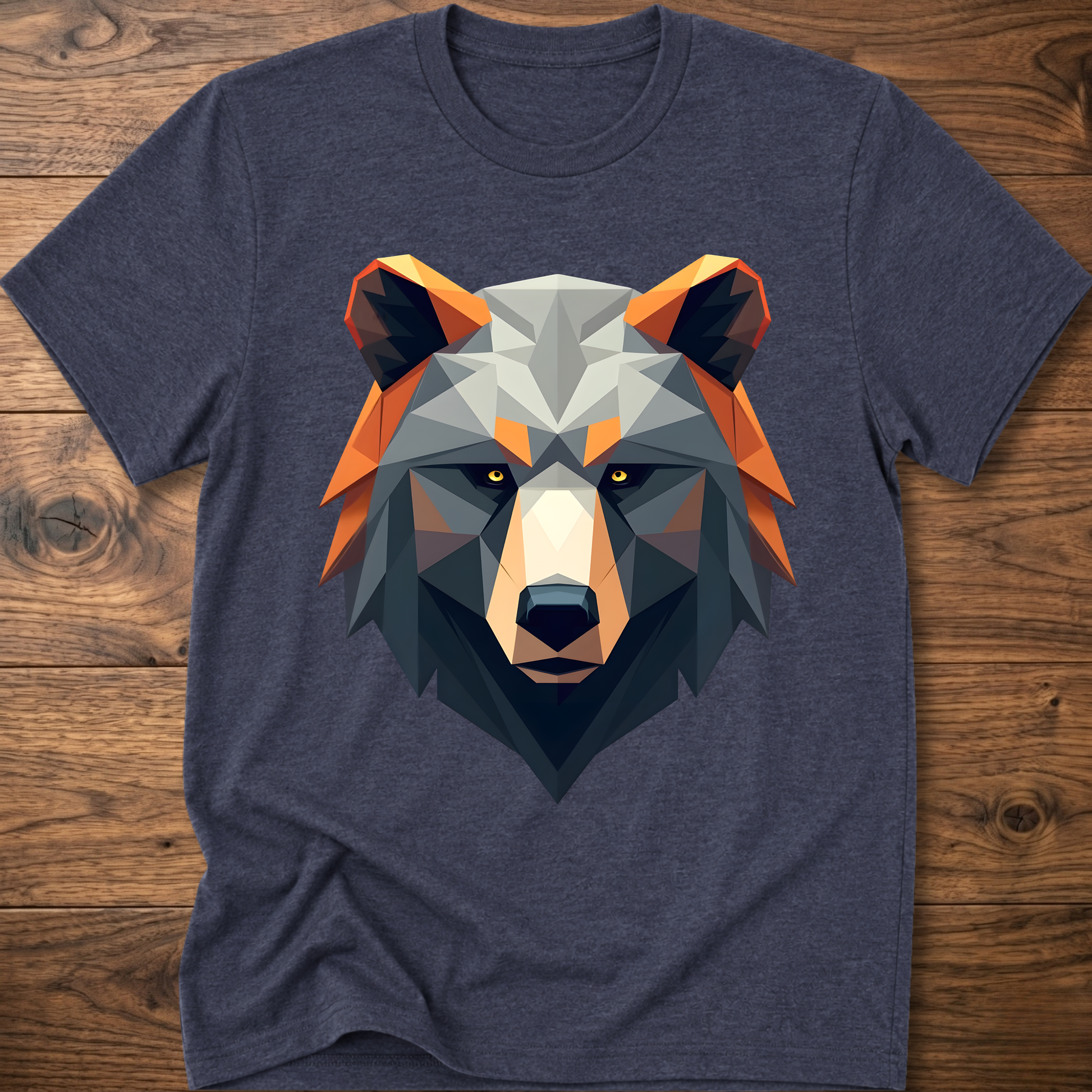 Heather navy geometric bear graphic t-shirt with colorful low-poly bear head front print