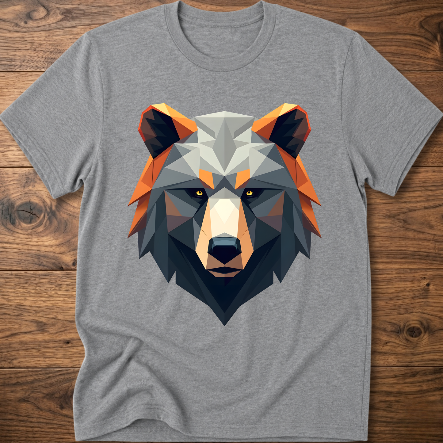 Heather gray geometric bear graphic t-shirt with colorful low-poly bear head front print