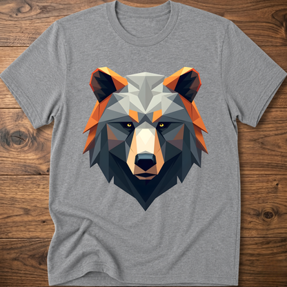 Heather gray geometric bear graphic t-shirt with colorful low-poly bear head front print