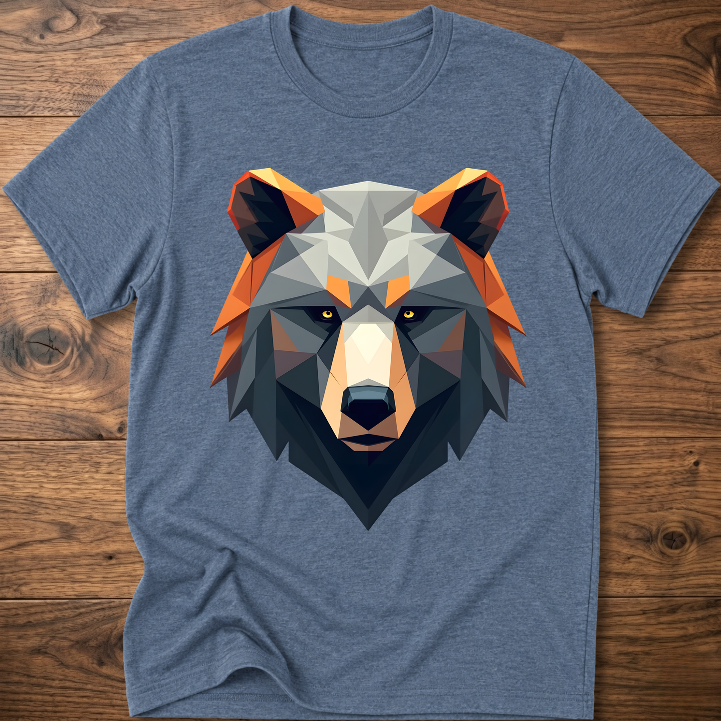 Light blue geometric bear graphic t-shirt with colorful low-poly bear head front print