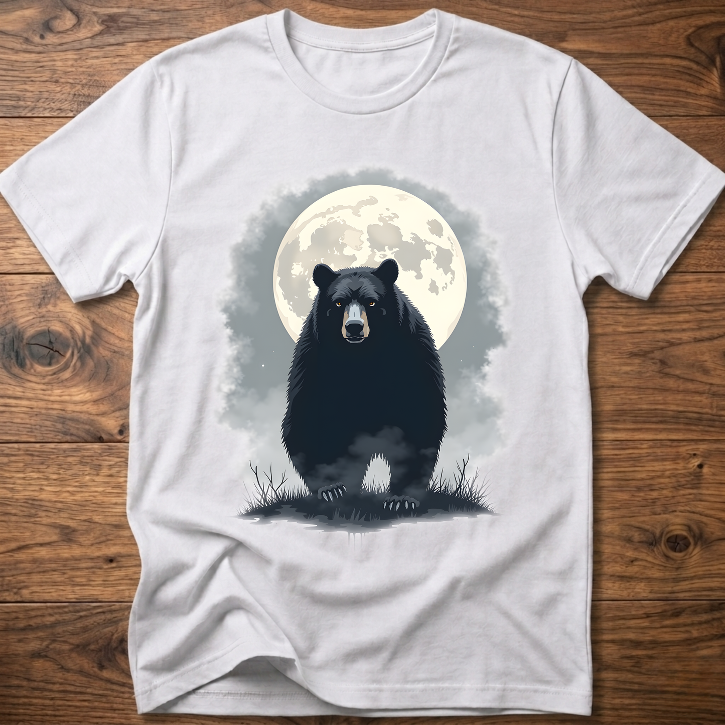 White crewneck T-shirt with black bear under moon graphic in front