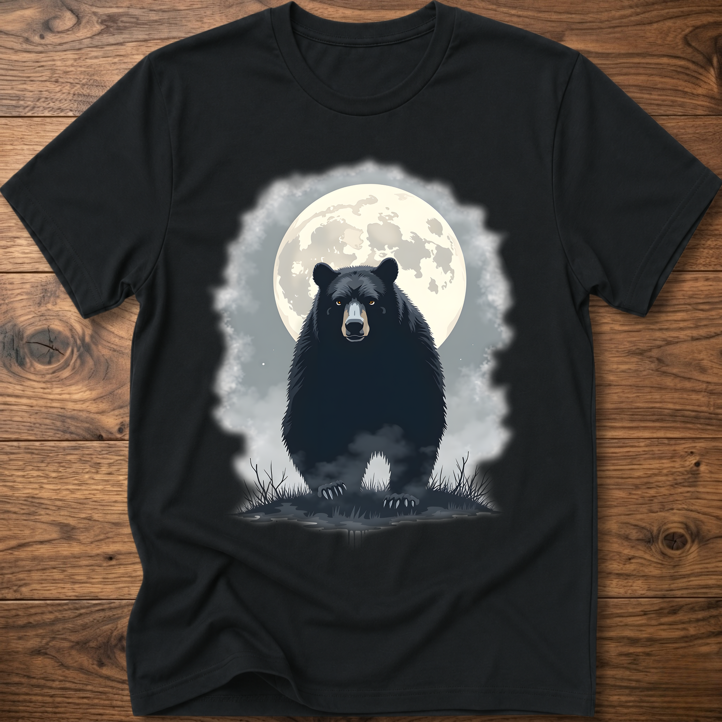 Black crewneck T-shirt with black bear under moon graphic in front
