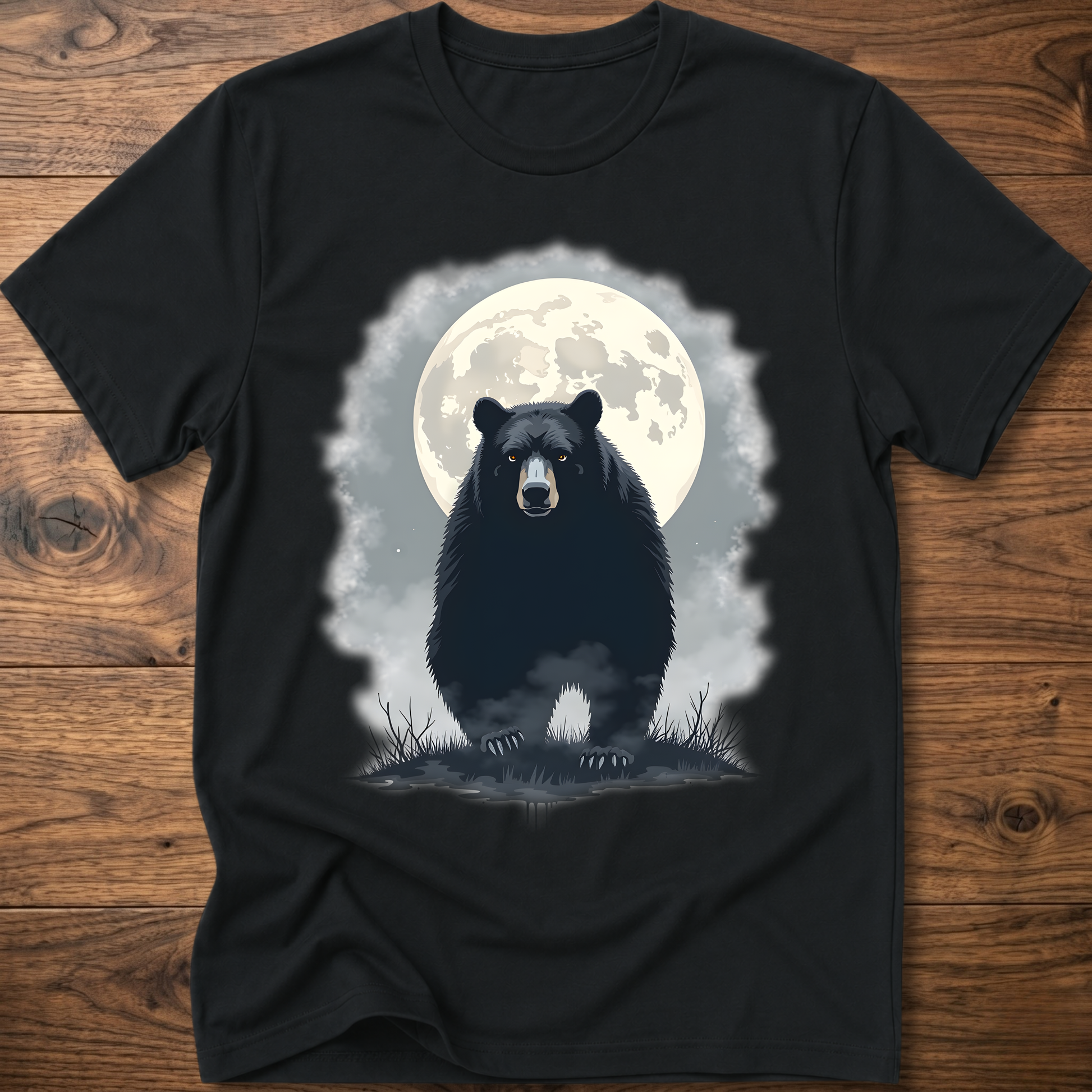 Black crewneck T-shirt with black bear under moon graphic in front