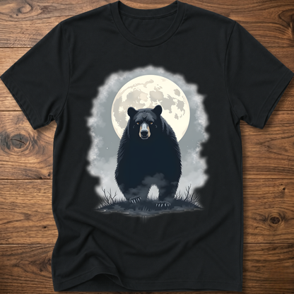 Black crewneck T-shirt with black bear under moon graphic in front