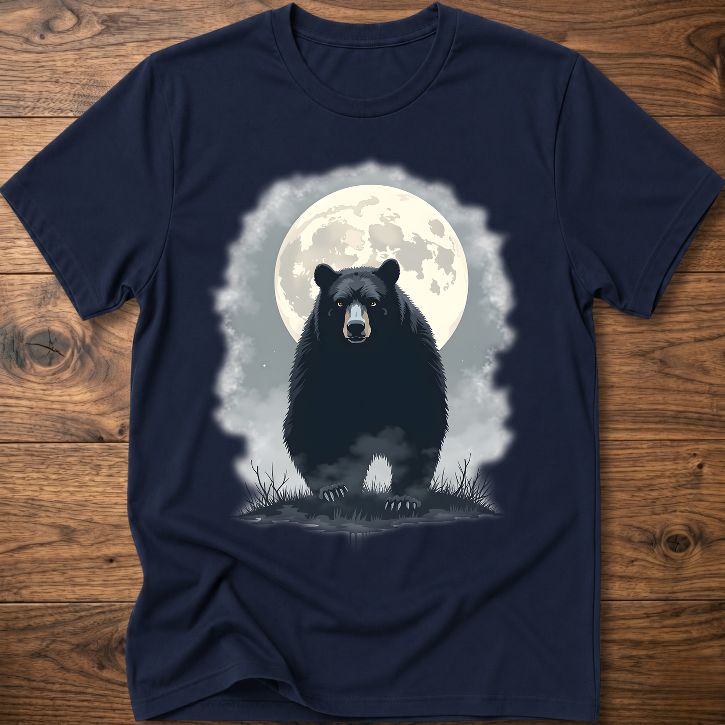 Navy crewneck T-shirt with black bear under moon graphic in front