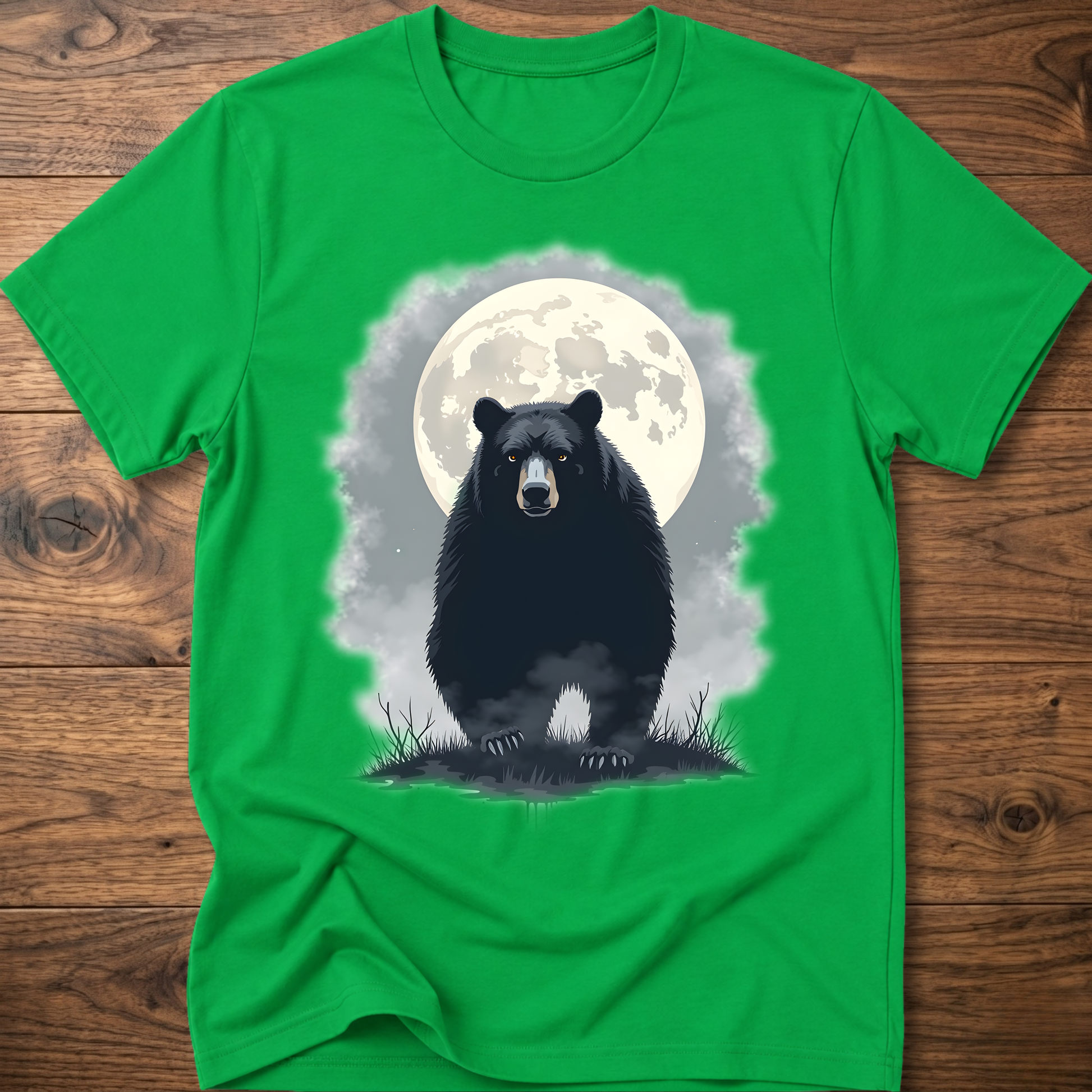 Green crewneck T-shirt with black bear under moon graphic in front