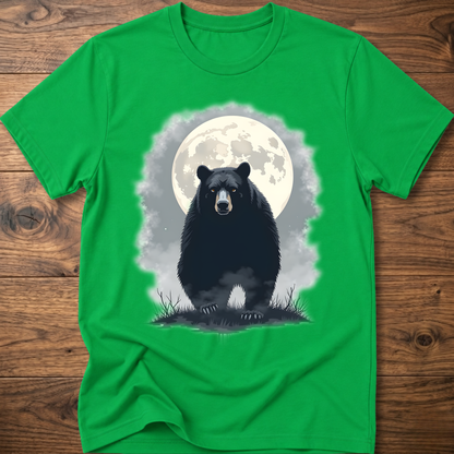 Green crewneck T-shirt with black bear under moon graphic in front
