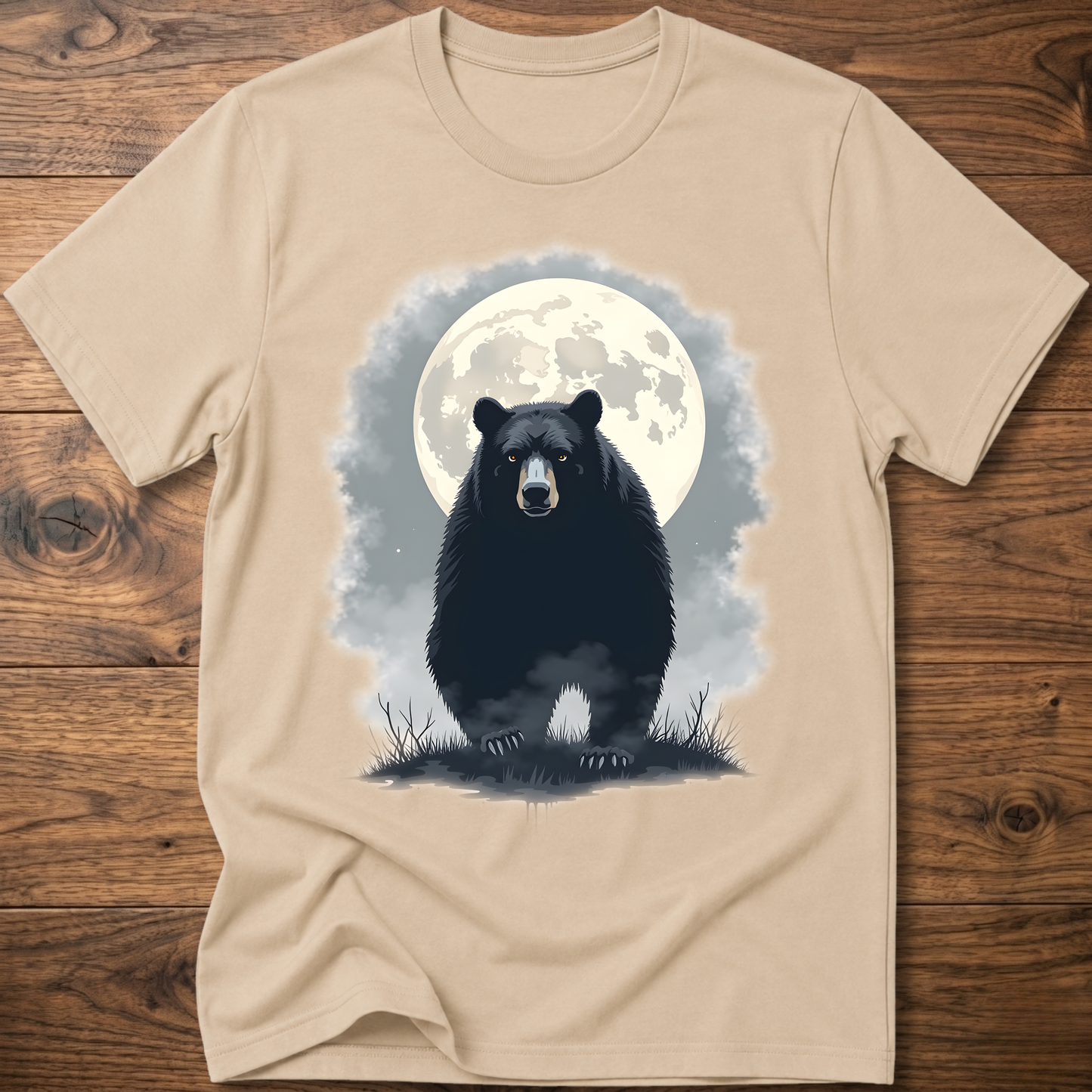 Sand crewneck T-shirt with black bear under moon graphic in front