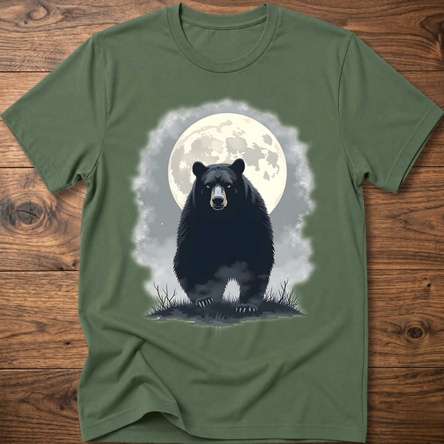 Heather green crewneck T-shirt with black bear under moon graphic in front
