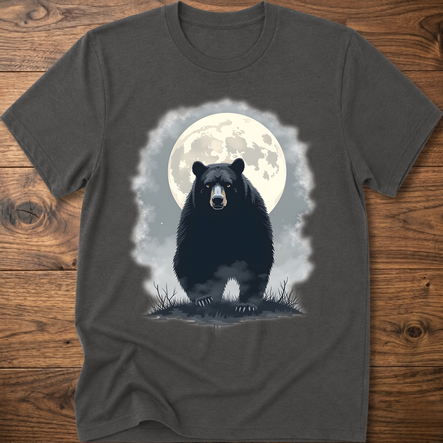 Charcoal crewneck T-shirt with black bear under moon graphic in front