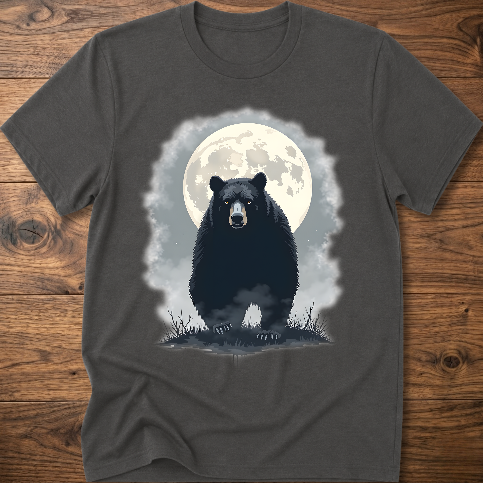 Charcoal crewneck T-shirt with black bear under moon graphic in front