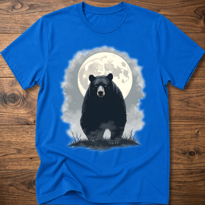 Royal blue crewneck T-shirt with black bear under moon graphic in front
