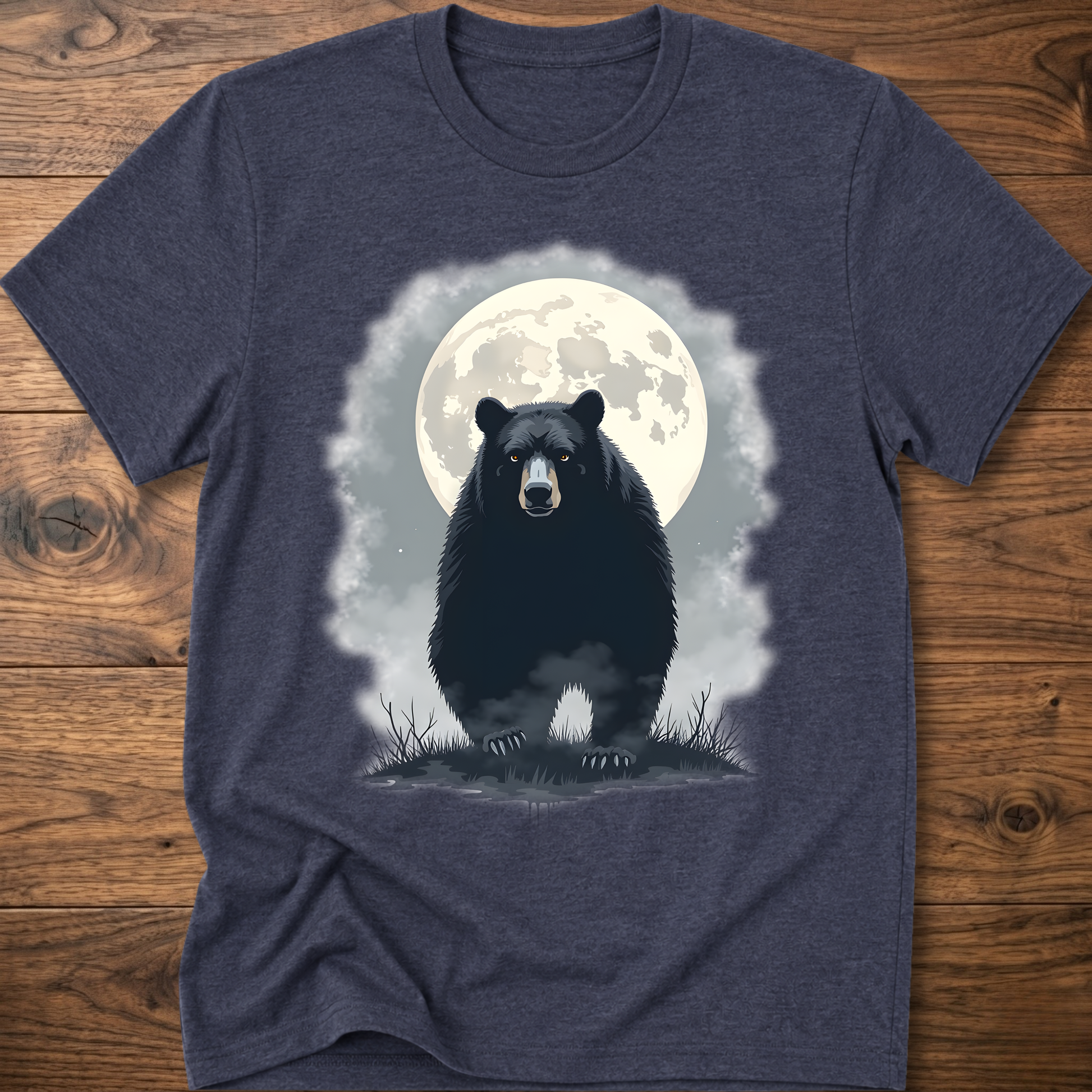 Heather charcoal crewneck T-shirt with black bear under moon graphic in front