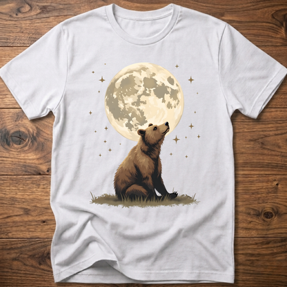 White t-shirt with large moon and standing bear graphic on the front