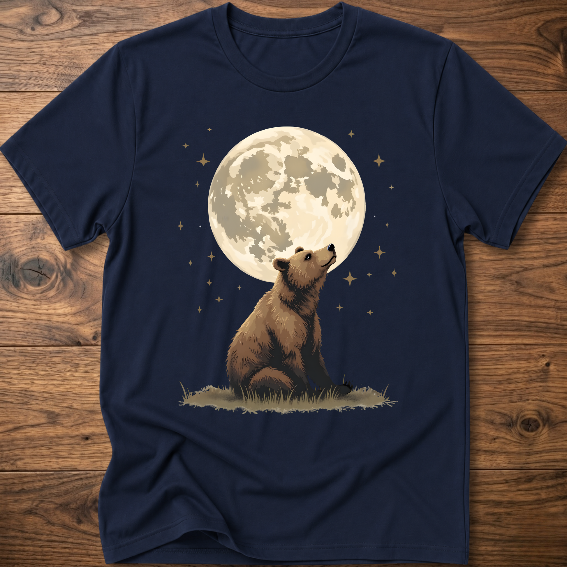 Navy t-shirt with large moon and standing bear graphic on the front